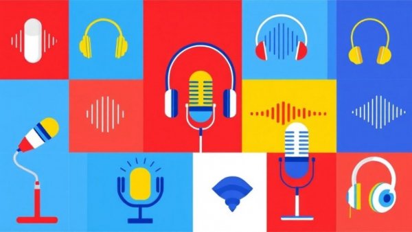 Illustration of health news podcast elements and abstract design.