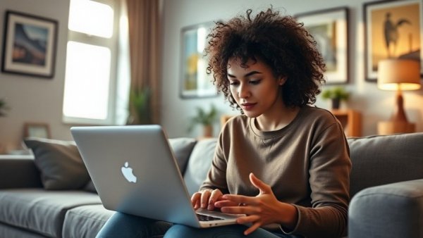Young woman working from home, contributing to mental recovery.