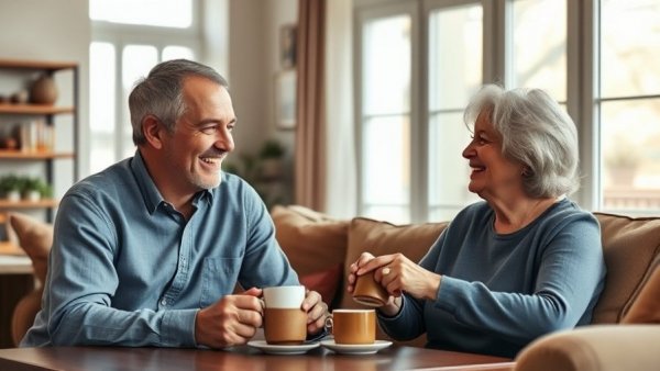 Middle-aged couple discussing vitamin D and testosterone impact.