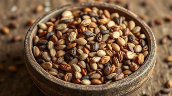 Bowl with assorted high-protein snacks, including seeds and grains.