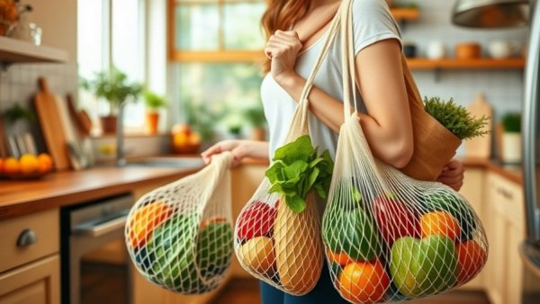 Casual individual with reusable bags in a cozy kitchen.