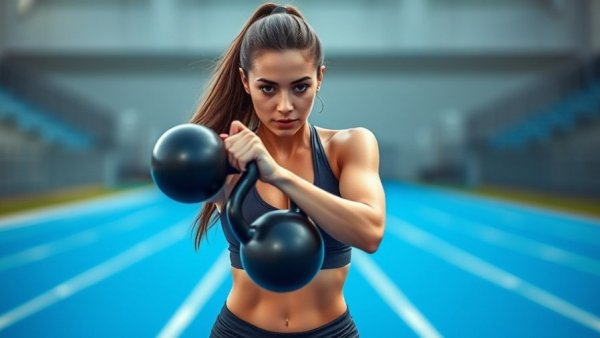 Woman practicing core strength training with kettlebell on track.