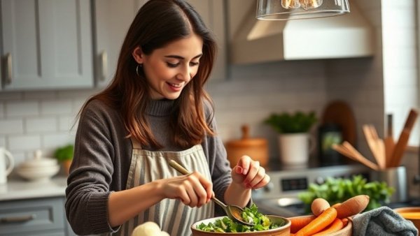 Woman cooking healthy meal in cozy kitchen, linked to inflammatory diet and cardiac risk.