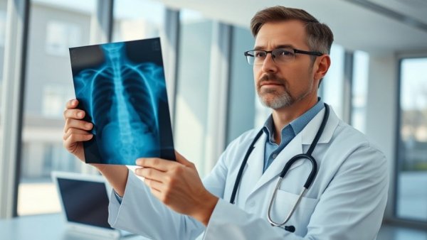 Doctor reviewing lung X-ray for lung cancer screening in clinic