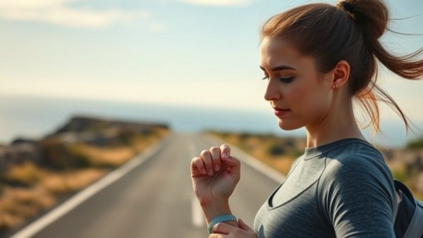 Young woman exercising outdoors, checking pulse on a road.