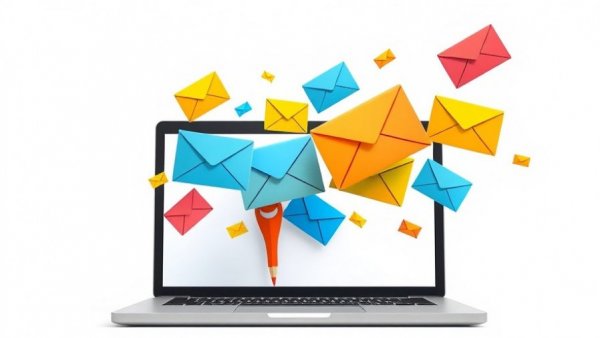 Digital envelopes flying from laptop, representing work requirements in healthcare.