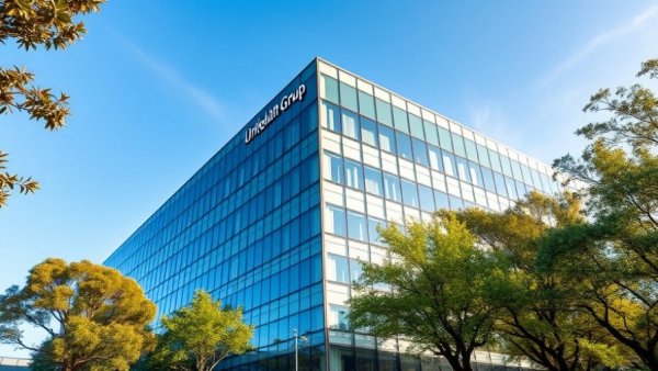 UnitedHealth Group office building under a clear blue sky.