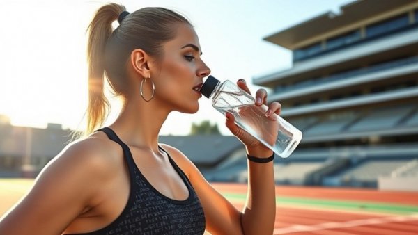 Woman at outdoor stadium drinking water, highlighting recovery performance.