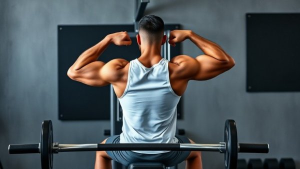 Man performing shrug-back exercise on gym machine