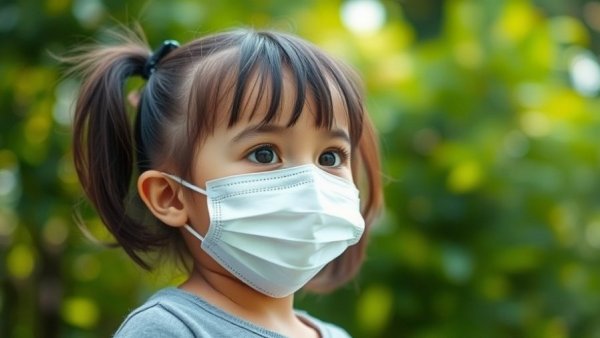 Young girl wearing a mask outdoors amidst greenery