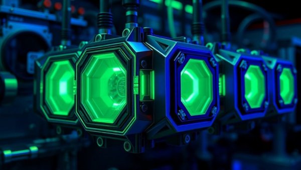 Futuristic cubic metalens emitting green light in a dark lab.