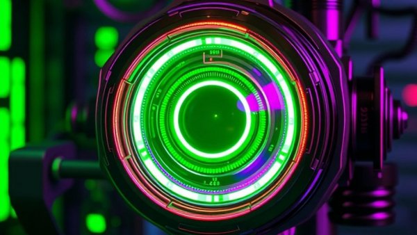 Futuristic glowing cubic metalens technology in a lab