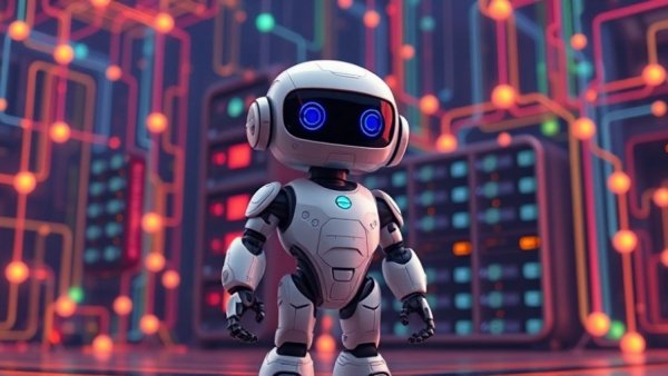 AI robot managing enterprise data flow with servers.