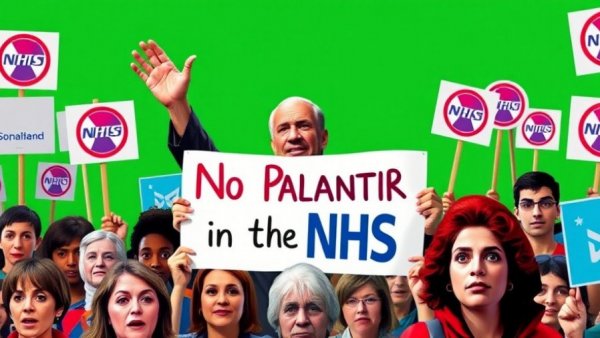 Protest against Palantir's involvement with NHS, digital collage.
