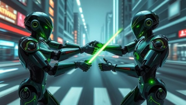 Futuristic robots performing a baton handoff in a dynamic cityscape.