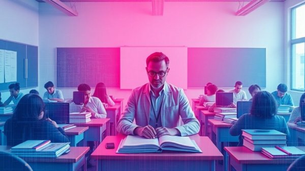 Abstract deepfake technology in schools with glitch effects.