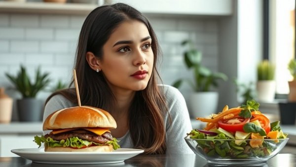 Young woman considering burger vs salad in a kitchen, Episodic Future Thinking Diet.