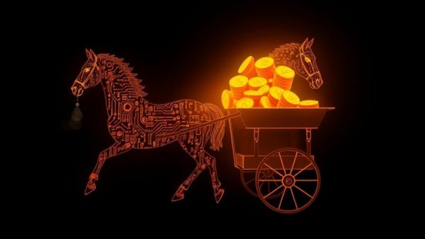 Stylized horse with digital circuits pulling a coin cart, AI workload management.