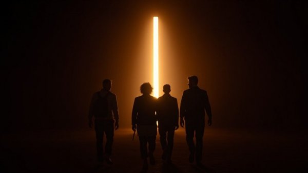 Silhouetted figures approach bright light in abstract setting; AI agents physical world.