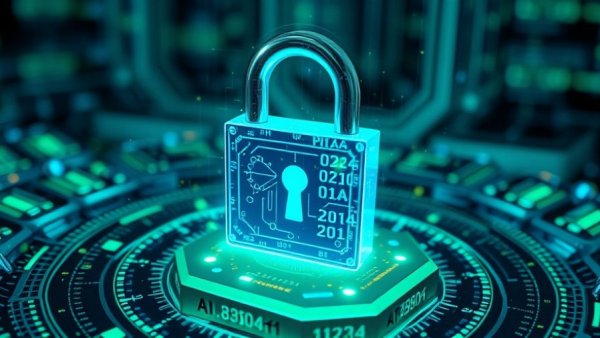 AI security strategies visualized with a digital padlock and layered data.