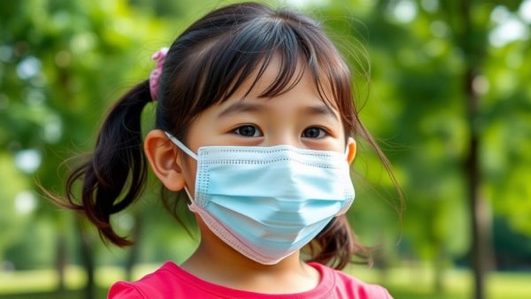 Young girl smiling in a mask, promoting California Public Health Initiatives outdoors.