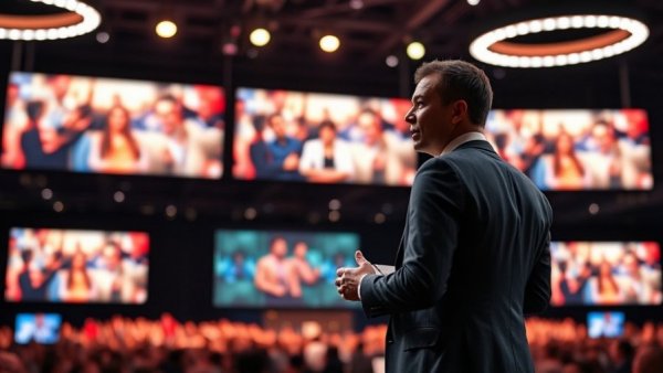 THREE International Limitless Event presenter on stage with virtual audience.