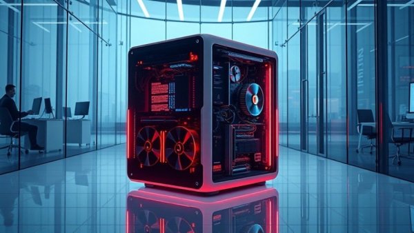 Pasqal Nasdaq debut visualized with a sleek quantum computer in a glass-walled office.