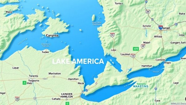 Digital map of Lake America with nearby cities and highways.
