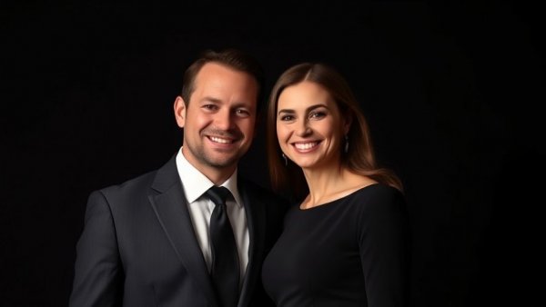 Elegant couple in formal wear, black background.