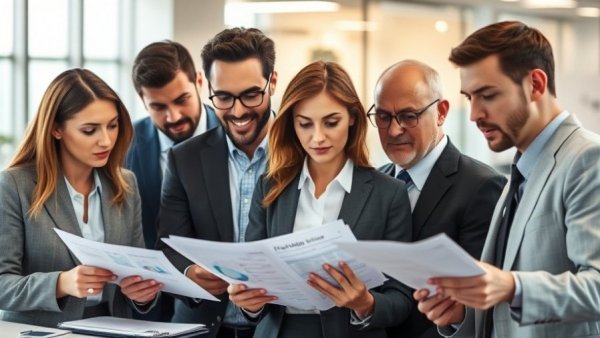 Business professionals reviewing financial documents in a corporate setting.