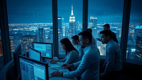 Team analyzing data in a city office at dusk.