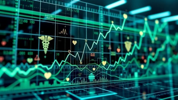 Modern stock market chart with healthcare symbols, representing OTCQB trading and DTC eligibility in healthcare.