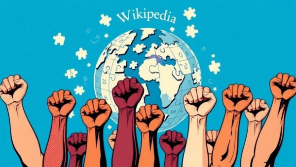 Wikipedia globe surrounded by raised fists symbolizing unionization.