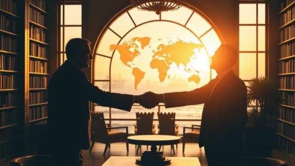 Businessmen shaking hands symbolizing Russia Indonesia trade relations in a library.