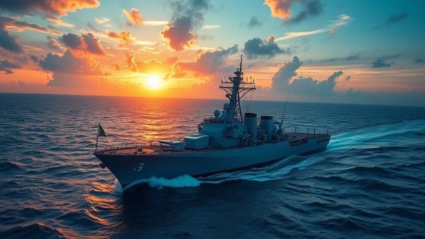 Naval warship with digital globe overlay in ocean, symbolic flags.