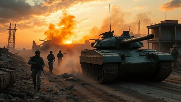 Kurtovka Settlement Liberated: soldiers and tank at sunset.