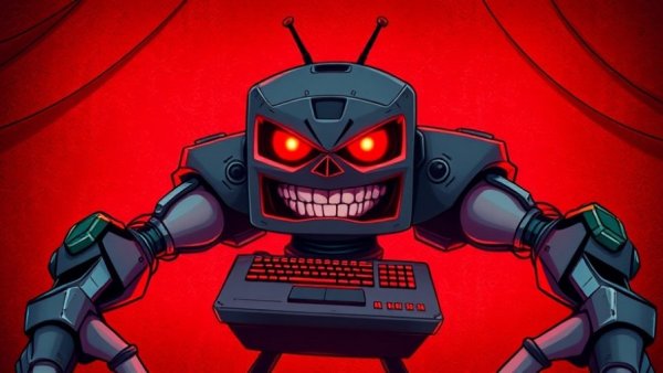 Anthropomorphic computer with muscular arms symbolizing AI safety and ethical concerns
