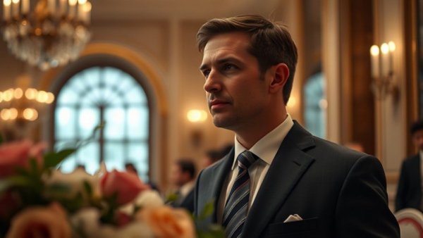Man in suit with floral foreground at formal event