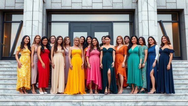 Beneve Growth Strategy team on marble steps in colorful dresses.