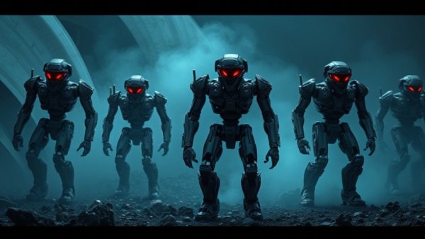 Futuristic robots in smoky battlefield; AI fear theme.