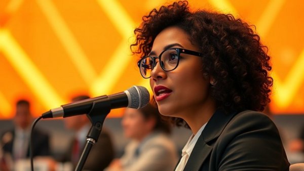 Woman speaking at conference, discussing AI risks and ethical implications.