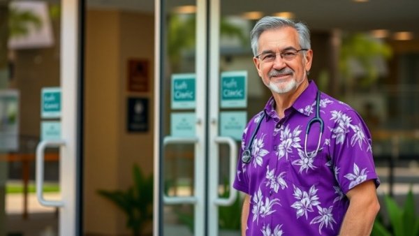 Healthcare worker in Hawaiian shirt at clinic entrance.