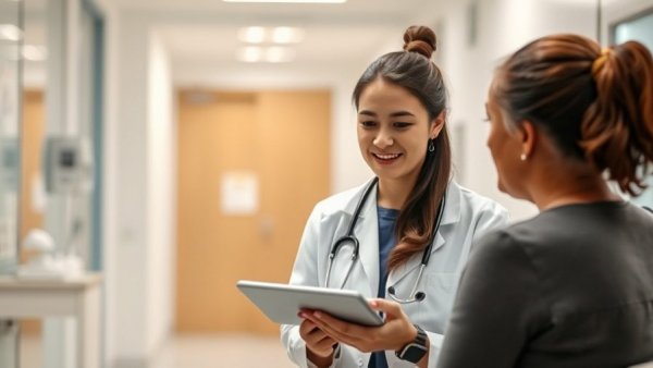 Doctor using a tablet to discuss healthcare AI with a patient, illustrating patient identity in healthcare.