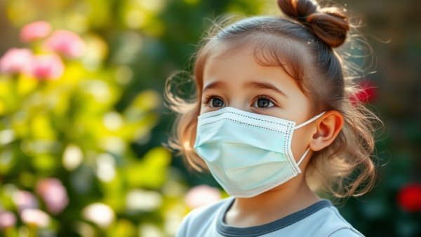 Young girl with mask outdoors, vibrant garden background