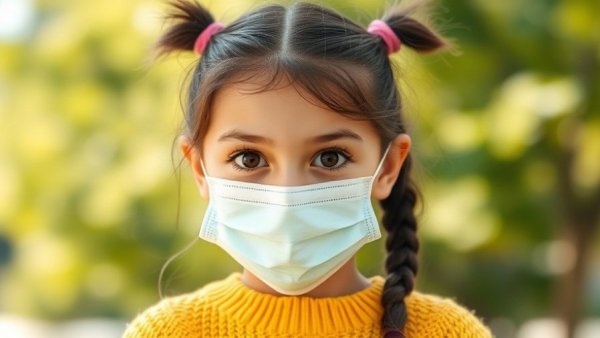 Young girl with mask outdoors, blurred green background.
