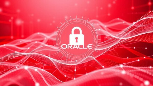 Digital security theme with Oracle logo and abstract network elements.