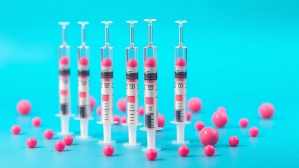 Colorful depiction of syringes and pink spheres, Viral Bodega Peptides theme