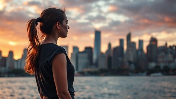 Young woman observing city skyline, focusing on neighborhood conditions and brain health.