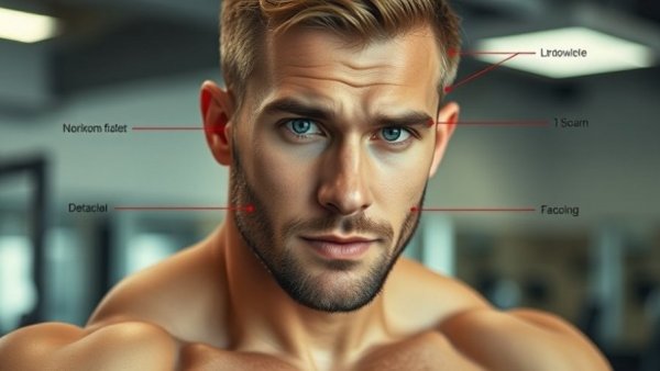 Muscular man showing deltoid muscles and anatomy in gym.