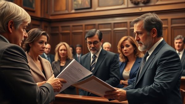 Courtroom meeting depicting a legal discussion.